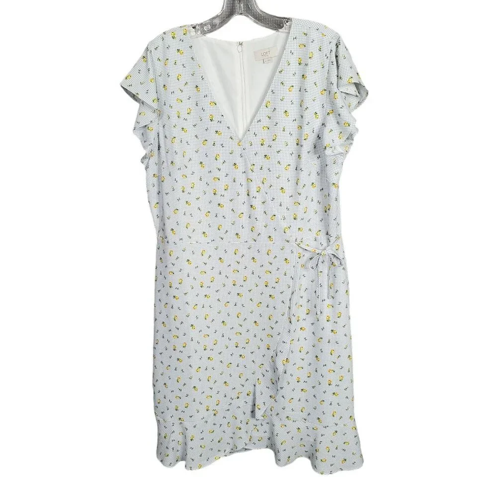 Loft Size 14 Dress Long Gingham Floral Flutter Sleeve Faux Wrap Ruffle Hem Lined - Picture 2 of 15